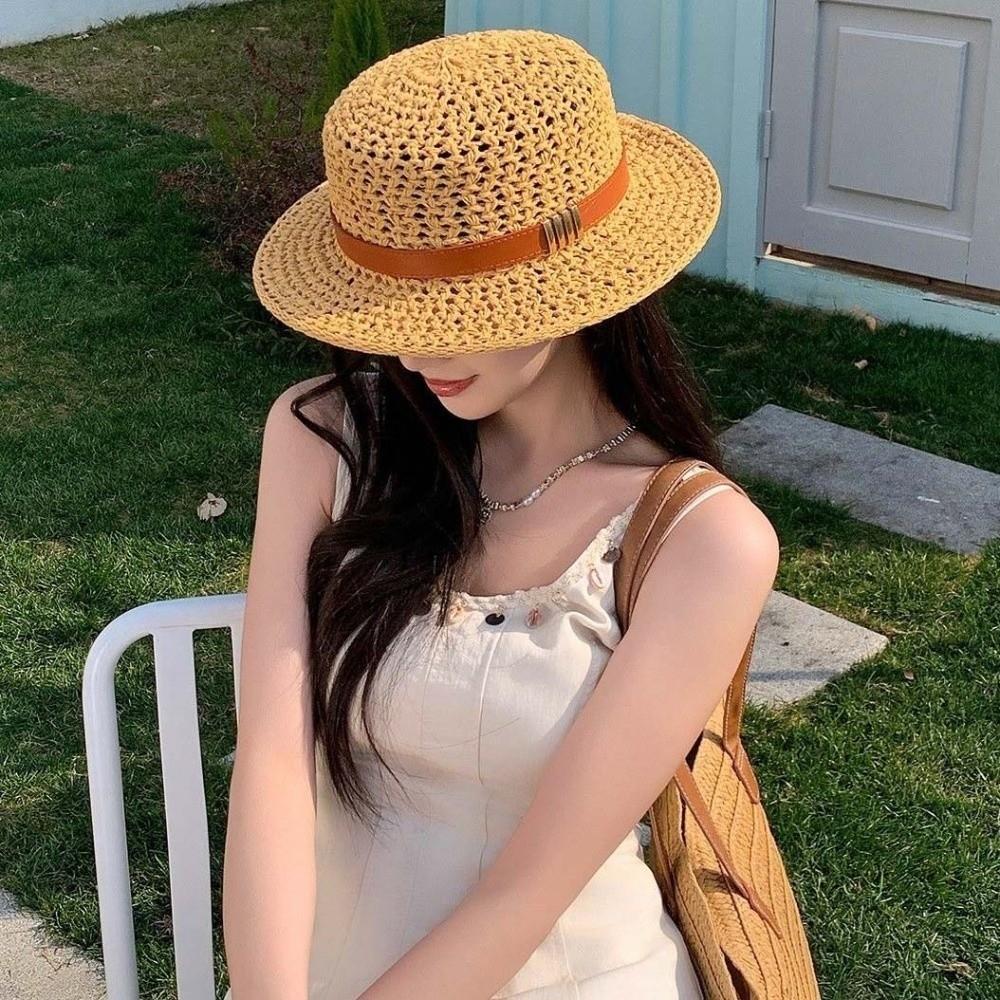 Breathable Mesh Handwoven Sun Cap Sun Protection Flat Top Beach Hat Summer Honeymoon