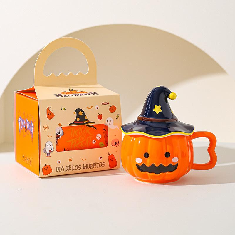Halloween decorative gift pumpkin ceramic cup with high value mug gift box office funny water cup