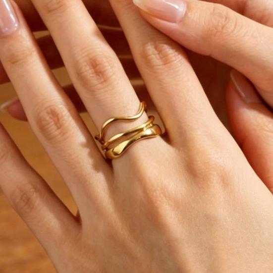 Women Ring Three Layer Irregular Lines Shape Adjustable Opening Design Finger Ring Stainless Steel Finger Band Versatile Jewelry Gift