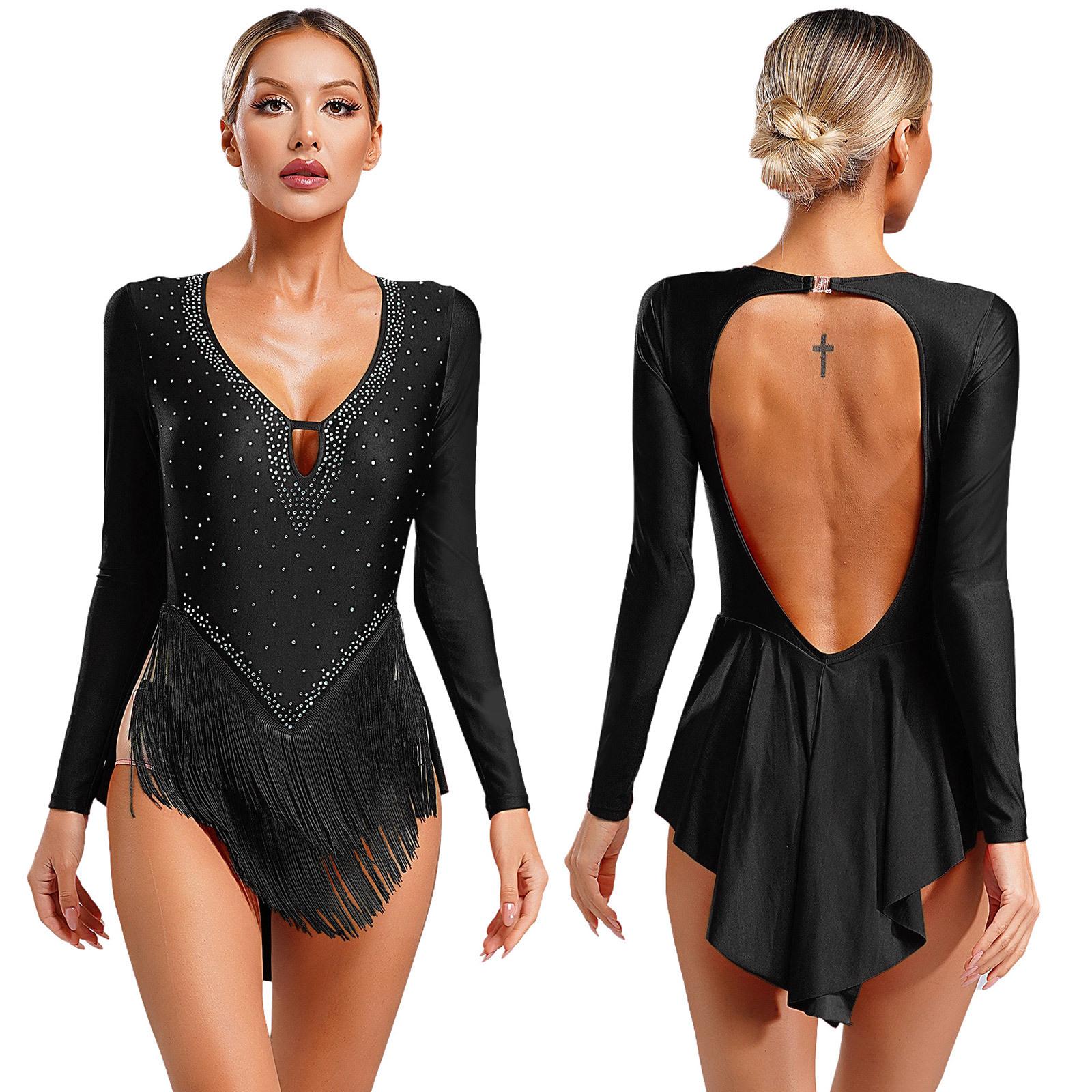 

Жіноче балетне купальник зі стразами та китицями Латинське танго, сальса, джаз, танцювальний одяг, професійний танцювальний костюм, боді з відкритою спинкою, глибокий V L чорний