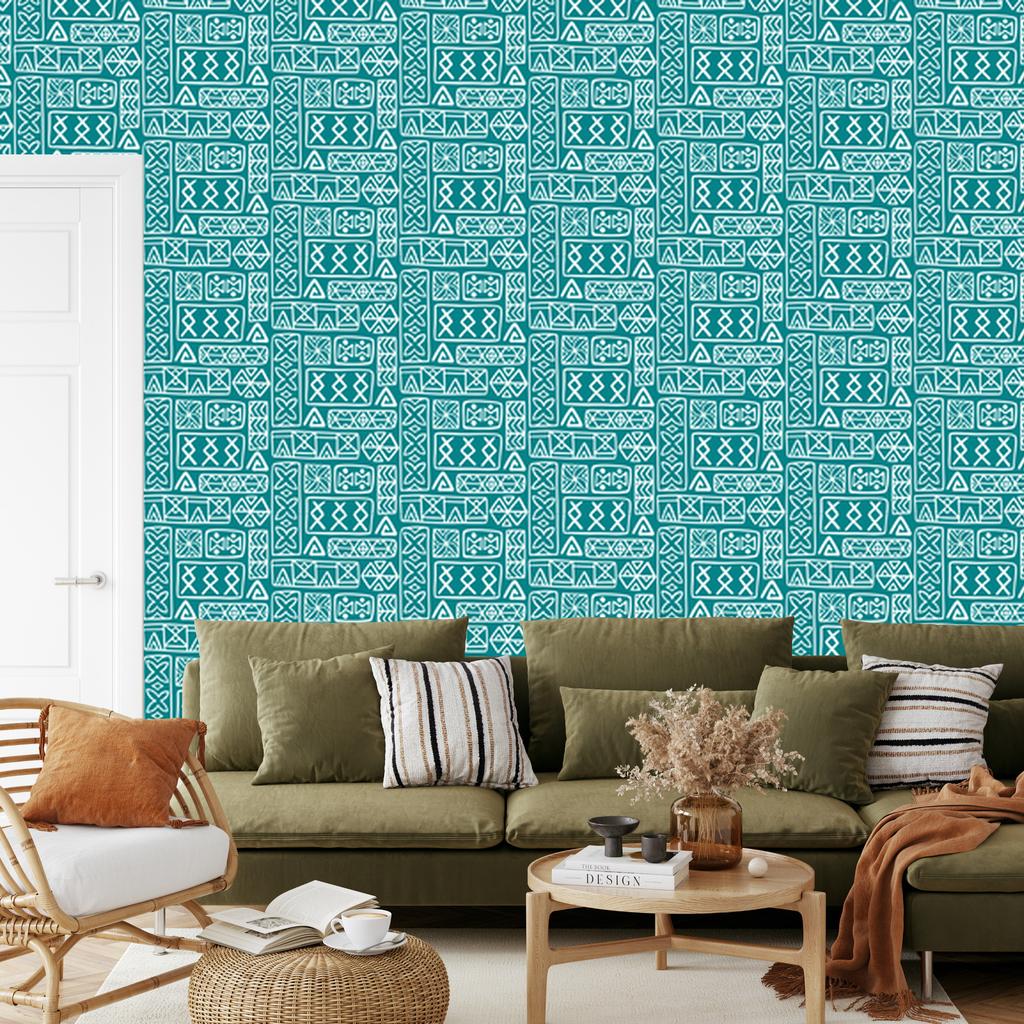 Polynesian Geometric Pattern Turquoise Wallpaper 50x1000
