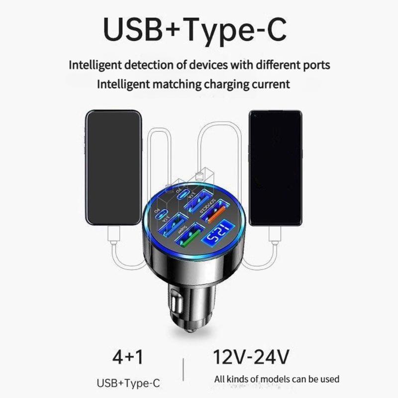 Practical Metal Plastic Car Charging Adapter with 4 USB Ports Real Time Current Voltage Screen Display for Car Use