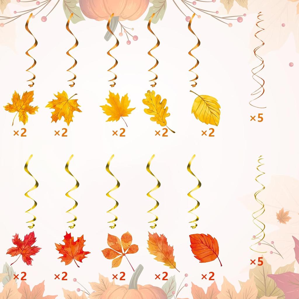 KALEFO 30Pcs Fall Decorations Autumn Hanging Swirls Thanksgiving Decoration Maple Leaf Themed Party Supplies Hanging Foil Swirl Decor for Home