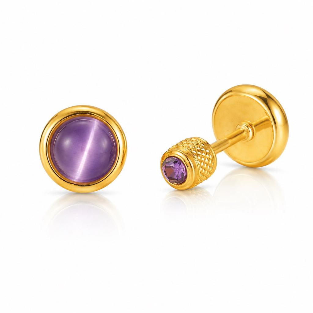 Birthstone Stud Earring for Women,18k Gold Plated Stainless Steel Cat Eye Stone Flat Back, Dainty Everyday Jewelry
