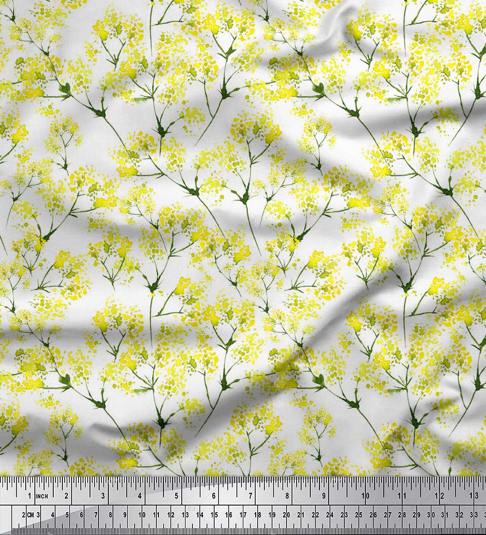 

Soimoi Blue Poly Crepe Fabric Yellow Mustard Leaves Print Швейна тканина метр 42 дюйма 42 Inch Wide - Poly Crepe білий