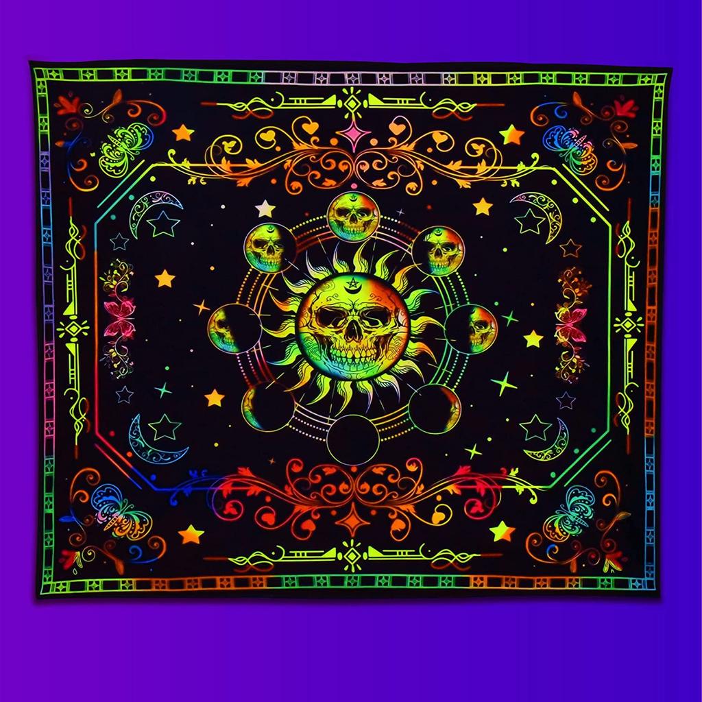 Psychedelic Black Light Skull Head Flourescent Tapestry UV Reactive Tapestries Wall Hanging Hippie Trippy  Home Decor