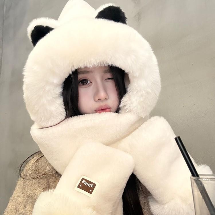 Cute plush hat with scarf integrated ear protection 2025 new three-piece set women's season warm and cold scarf