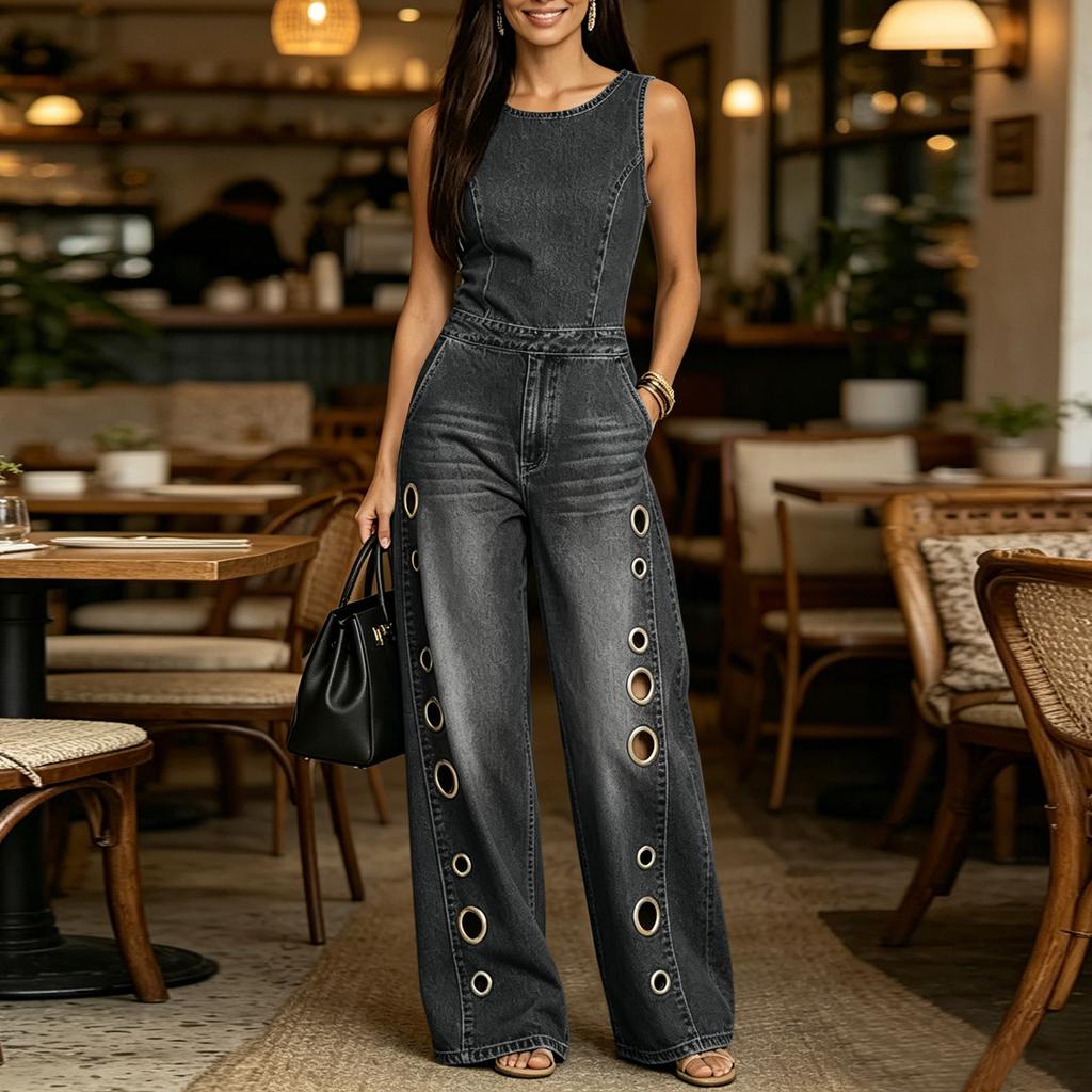 Tuta di Jeans Senza Maniche da Donna Gamba Larga Vestibilità Larga Scollo Rotondo Romper Casual con Quattro Tasche e Dettagli Occhielli Metallici