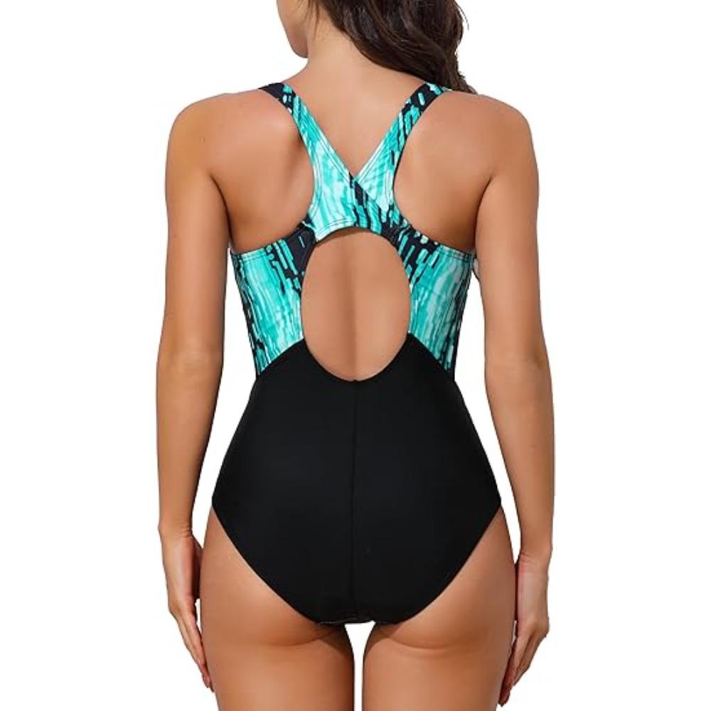 CHARMLEAKS Costum de baie sport dintr-o bucată pentru femei Costum de baie sport profesionist cu imprimeu bloc de culoare Costum de baie pentru plajă