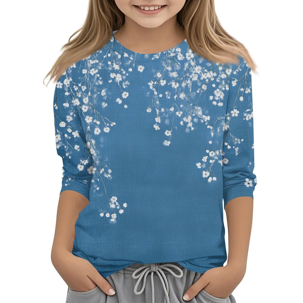 Camiseta infantil estampada com mangas 3/4 e gola redonda casual para o dia a dia