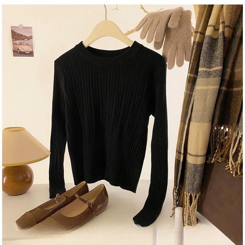 

Slim-fit crew neck bottoming shirt for women s spring and autumn new sweater with long-sleeved women s solid-color knitted sweater top for women One Size чёрный