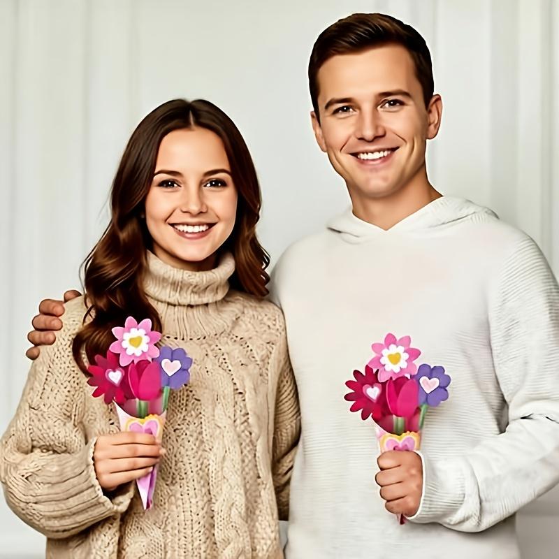 74 Mixed Packs Valentine's Day Pink Bouquet Card Handmade Set Including 50 Pipes and 12 Flower Cardboard Love Cardboard Bouquet Handmade Set