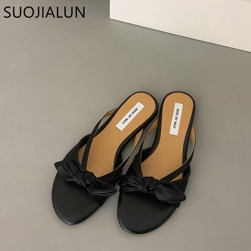 Fashion SUOJIALUN 2025 Summer New Brand Women Slipper Fashion Bow-knot Slip On Ladies Sandal Shoes Flat Heel Outdoor Casual Dress Slide