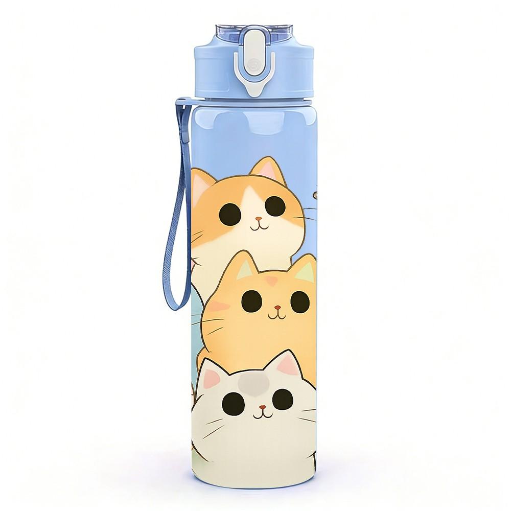 1PC Multi Breed Cat Face Cartoon Group Print 750ml Color Plastic Sports Water Bottle Leakproof Flip Straw Lid Suitable for Sports Office Home Use