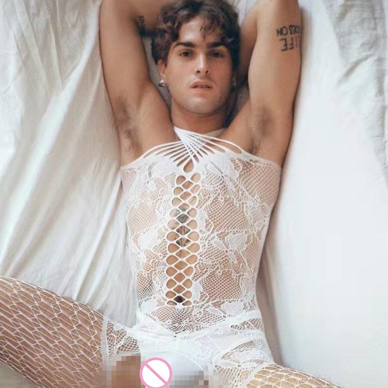 Men Sexy Lingerie Exotic Fishnet Bodystocking Jumpsuit Mesh Net See-through Long Sleeve Bodysuit Gay Sleepwear Club Wear