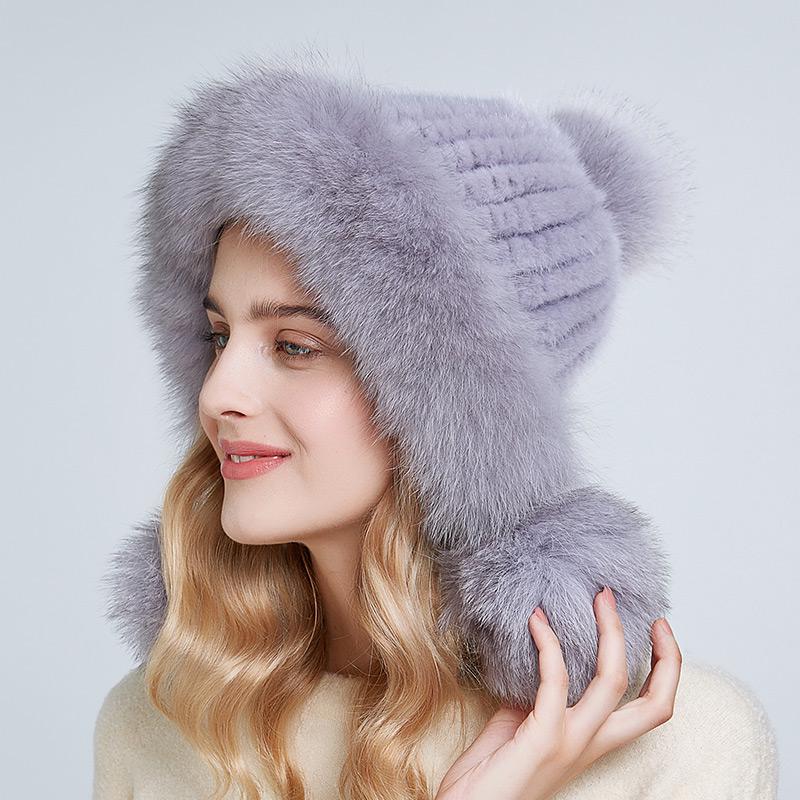 Winter Real Mink Fur Hat for Women Fox Fur Pompom Ear Protect Caps Warm Lined Knitted Fur Beanie Hat With Custom Logo