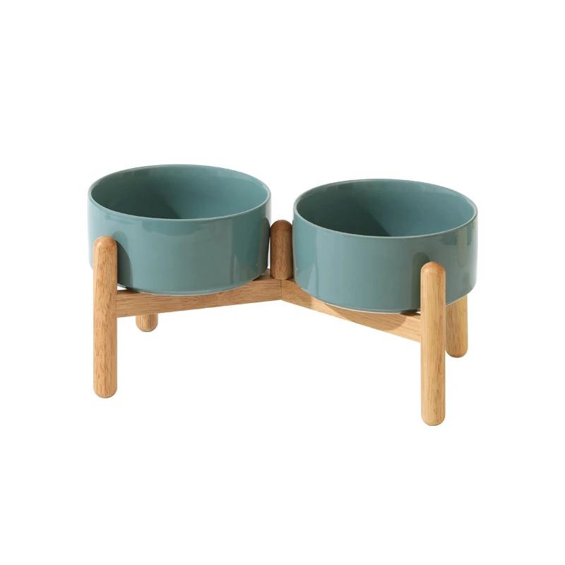 Big Dogs Bowl Double Ceramic Elevated Pet Food Water Bowl Small Medium Large Dog Feeding Supplies with Wooden Stand