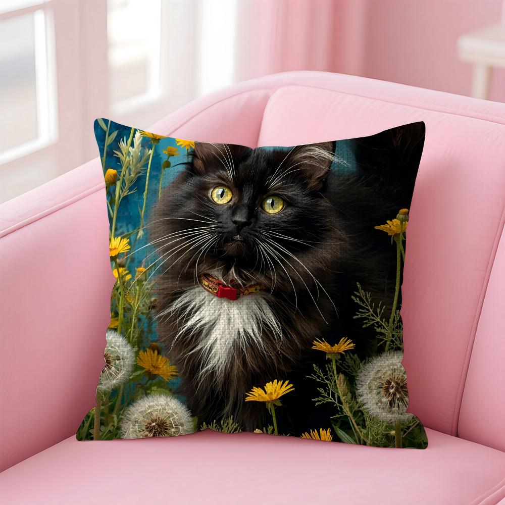 Cat And Flower Fashion Cushion Cover Natural Linen Pillow Case DoubleSided Print Decorative Sofa Pillowcase Home Decor Gift