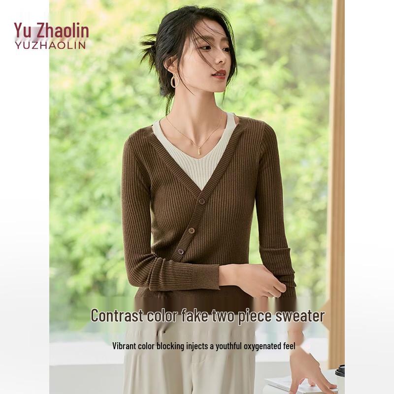 

YUZHAOLIN Women s Color Block Faux Two-Piece Knit Sweater M