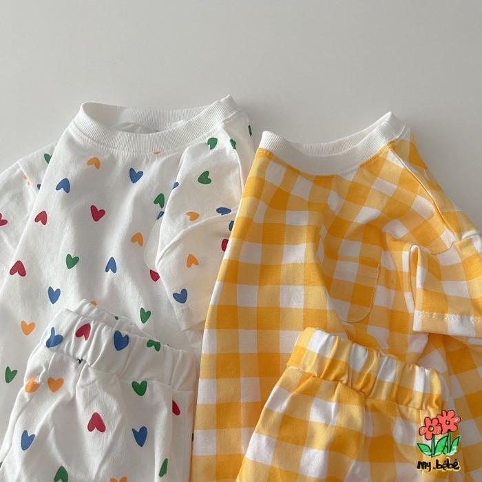 Summer Refreshing Short Sleeved Set with Heart-shaped Checkered Casual T-shirt and Shorts Two-piece Set
