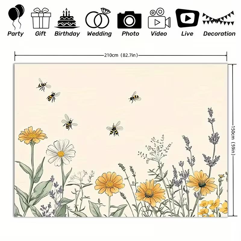 2D Hand Sketch Wildflower Bee Minimal Cream Backdrop 47.2x31.5inch/120*80cm