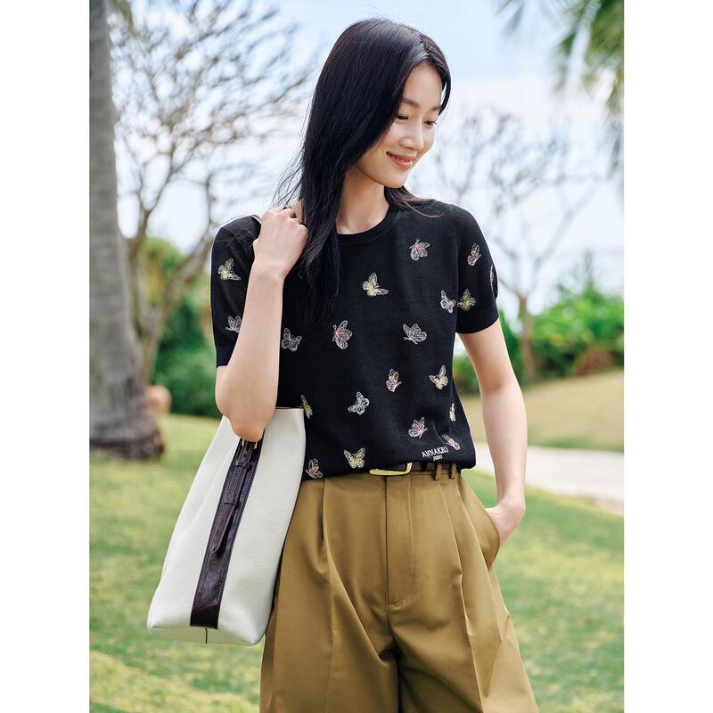 Jiu Zi Anna Kou Women's Elegant Floral Embroidered Short Sleeve Knit Blouse