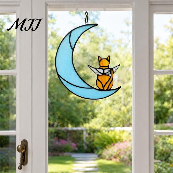 Cat Wall Art Acrylic Hanging Pendant with Chain, Animal Ornament for Window Light Translucent Decor, Cute Lover Gift Home Room Decoration Decor