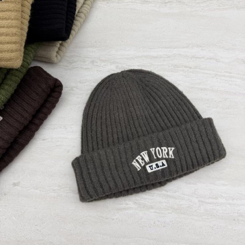 American retro letter embroidery knitted hat children's autumn and winter warm versatile cold hat showing face small wool hat male trend