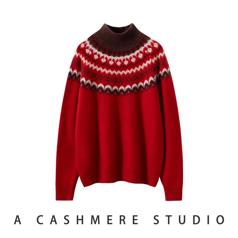 Thick Fair Isle Jacquard Half-High Collar Cashmere Wool Patchwork Sweater