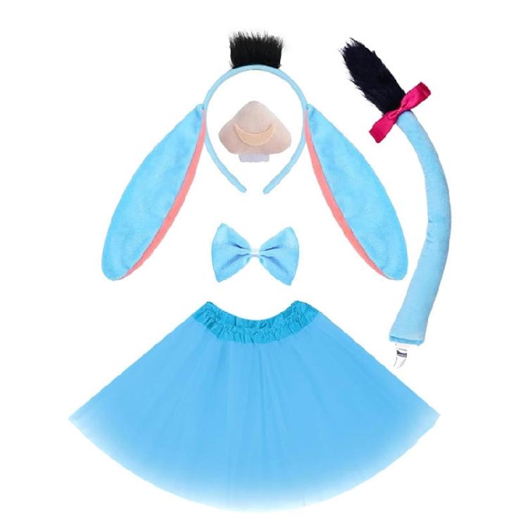 Donkey Ear Headband Tail Bowtie Skirt Nose with Teeth Halloween Donkey Animal Outfit Accessory for Kids Boy Girl Cosplay