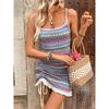 Summer New Women'S Beach Vacation Dress With Suspender Straps Colorful Stripes Knitted Drawstring Backless Strap Dress