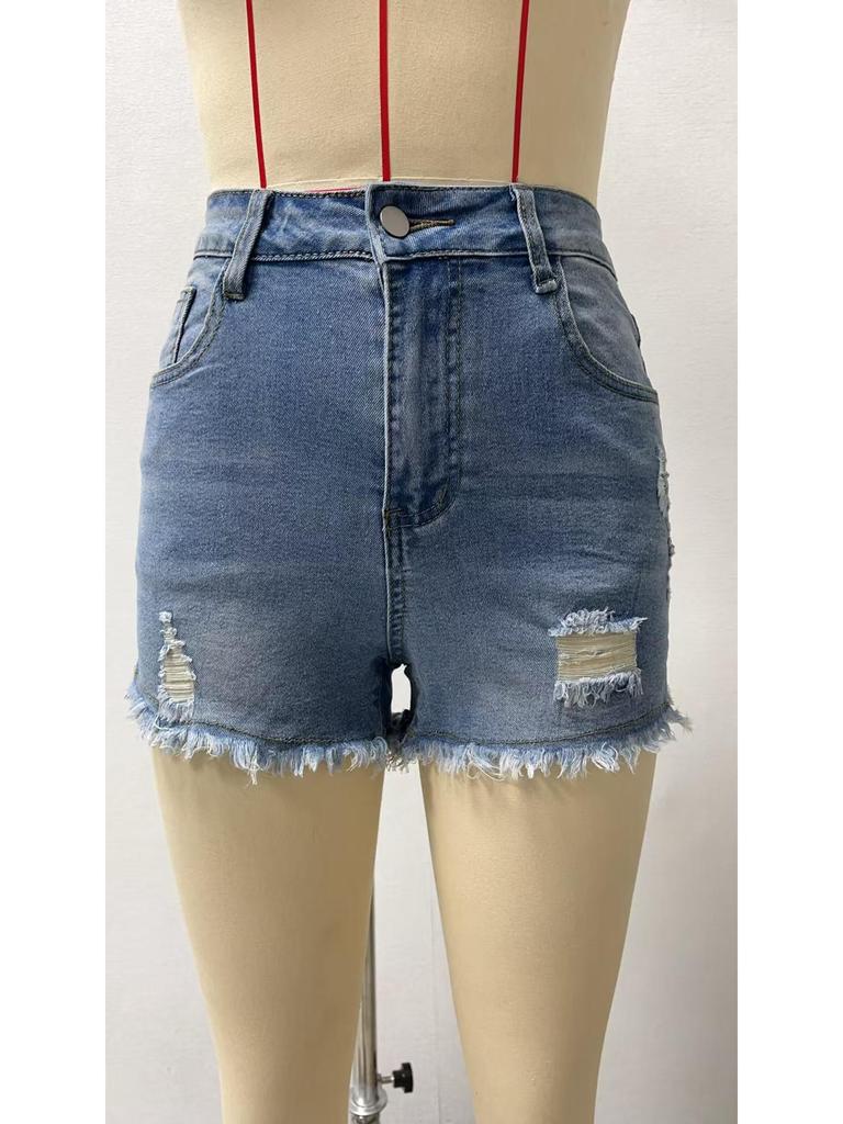 2025 Summer Women's Ripped Raw Hem Stretchy Denim Shorts in Washed Style