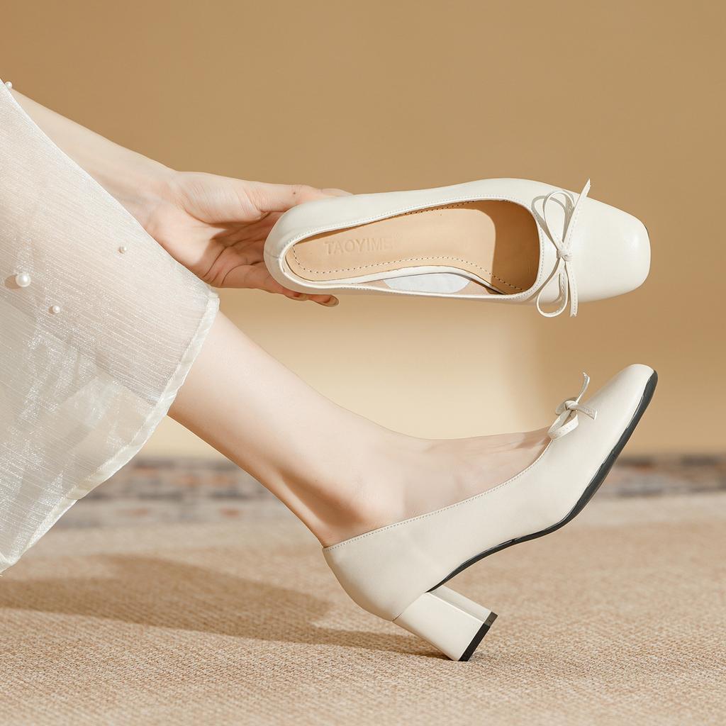 Leather commuter thick heel low heel single shoes women's versatile soft leather comfortable not tired feet work shoes bow high heels