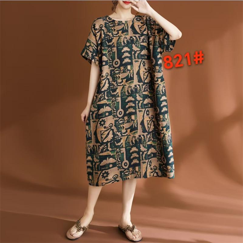Real Shot 2026 Summer New Large Size Women's Clothing Fat MM Linen Cotton Linen Retro Literary Ethnic Style Casual Dress