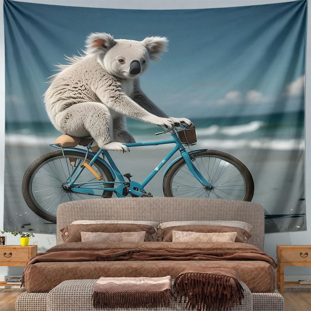Koala Riding a Blue Bicycle On Beach Pattern Wall Hanging Tapestry Decorative Tapestry Home Decor for Bedroom and Living Room