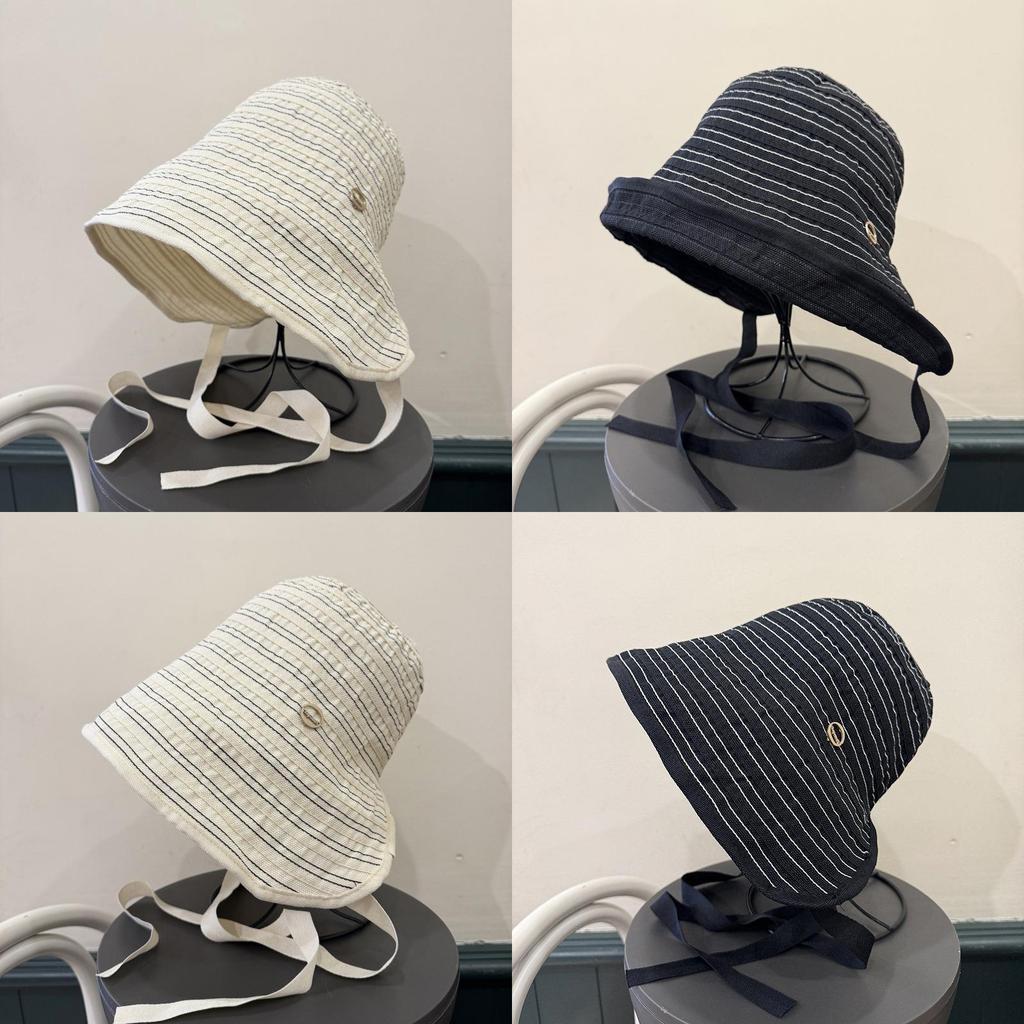 Summer Sun Protection Fisherman Hat For Women With Wide Brim And Striped Cotton Material