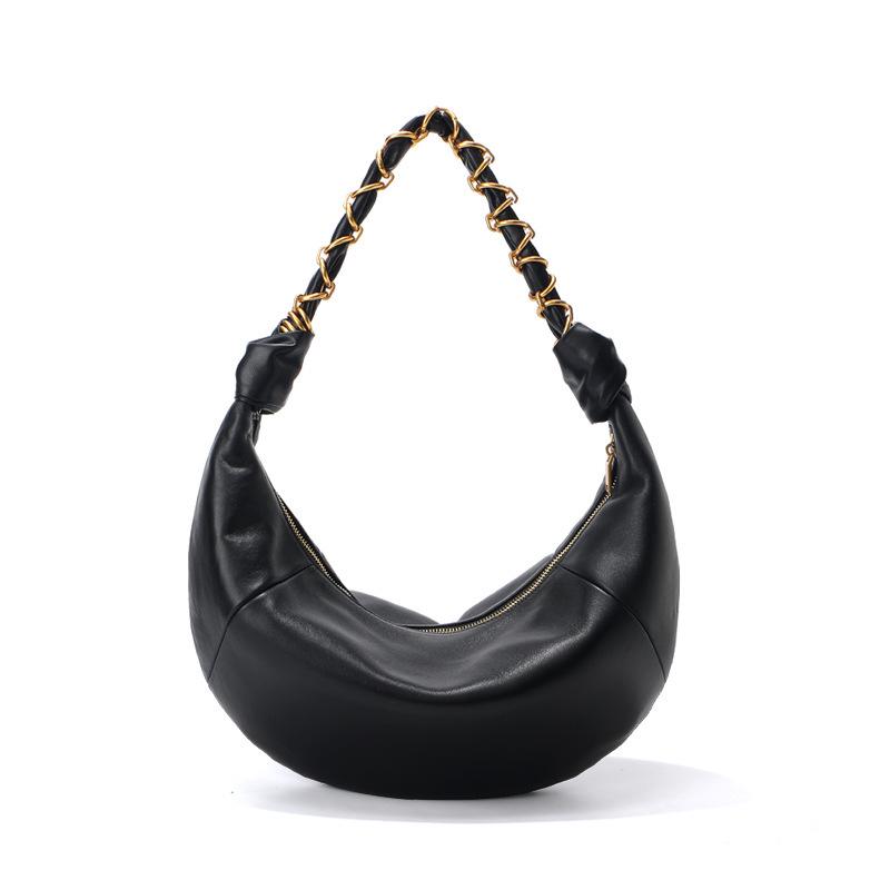Women's Genuine Leather Crescent Shoulder Bag - Retro Lambskin with Chain Strap, Large Capacity, Elegant and Fashionable Design