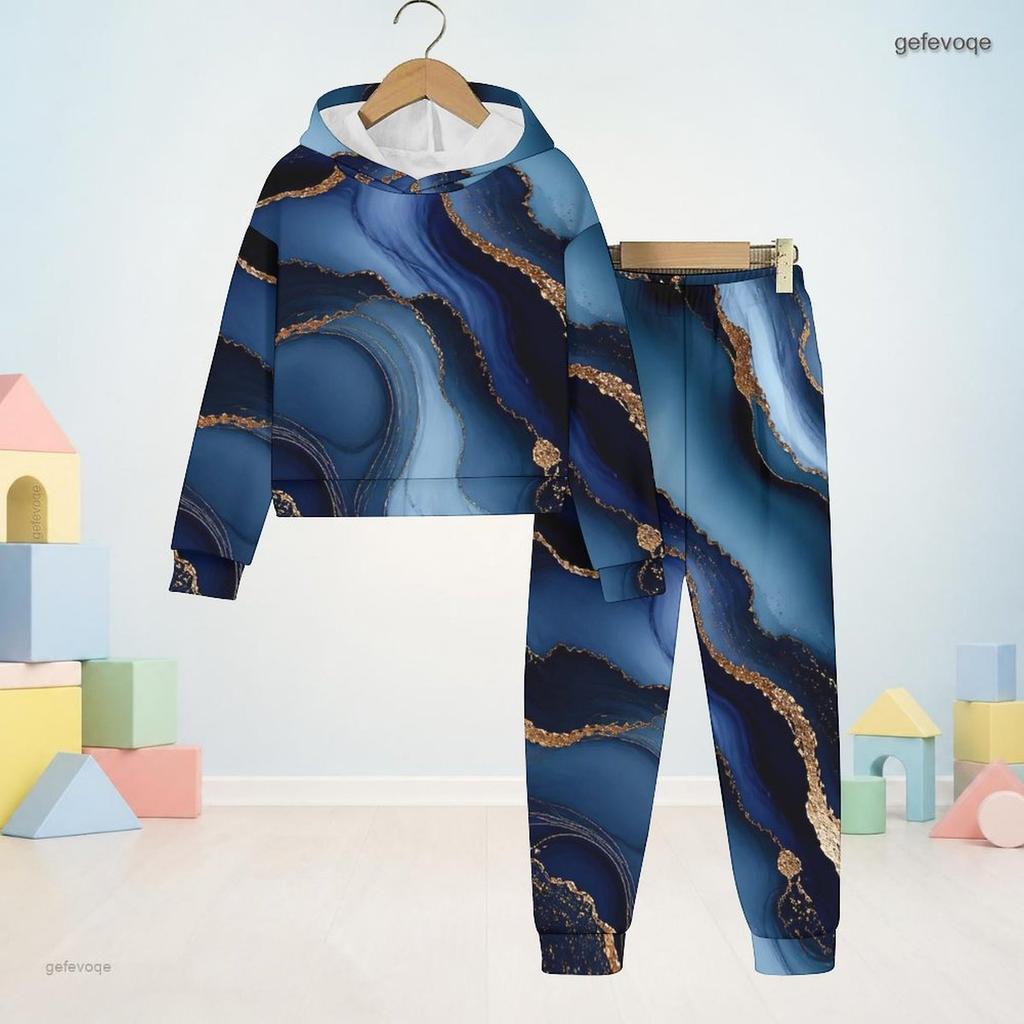 Boys Girls Hooded Long Sleeve Sweatshirt Marble Printed Blue Gold Cuffed Pants Two Piece Set