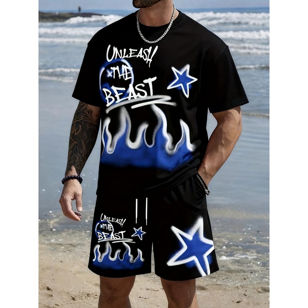 

2pcs Printed Design - Not Textured, 2pcs Summer Men s Casual Minimalist T-Shirt Set S