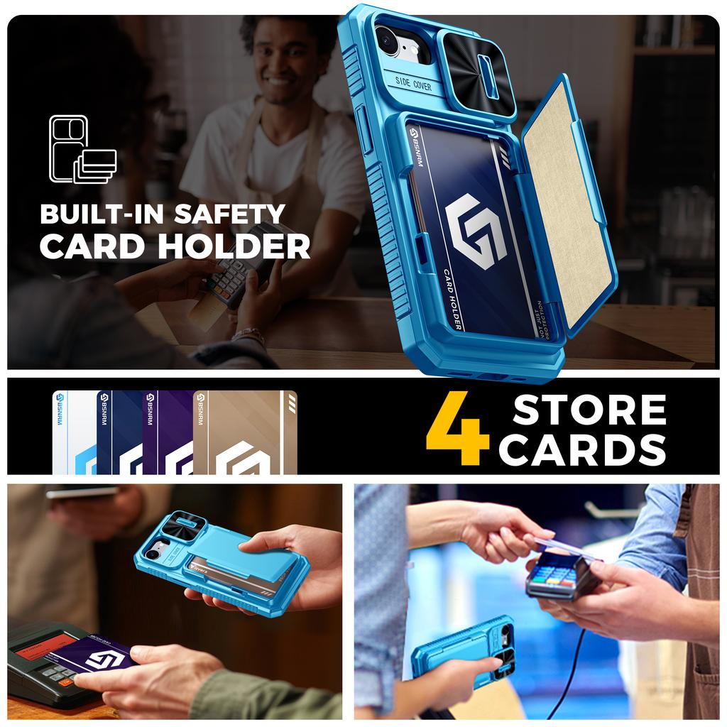 RFID Blocking Wallet Case with Card Holder Sliding Camera Cover PC+TPU Protective Case for IPhone 16e/iPhone 17e-Light Blue