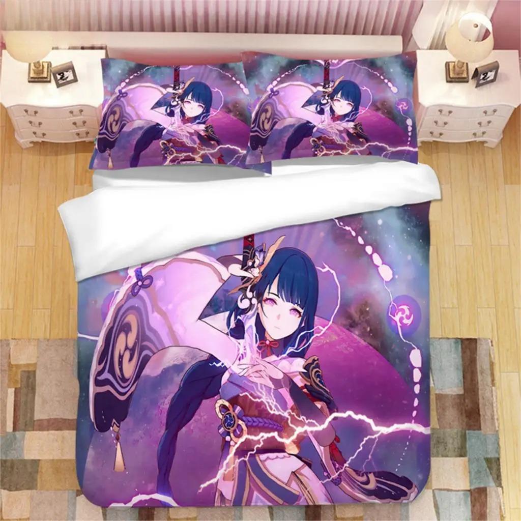 Genshin Impact Raiden Shogun 3D Printed Bedding Set Duvet Covers Pillowcases Comforter Bedding Set Bedclothes Duvet Cover