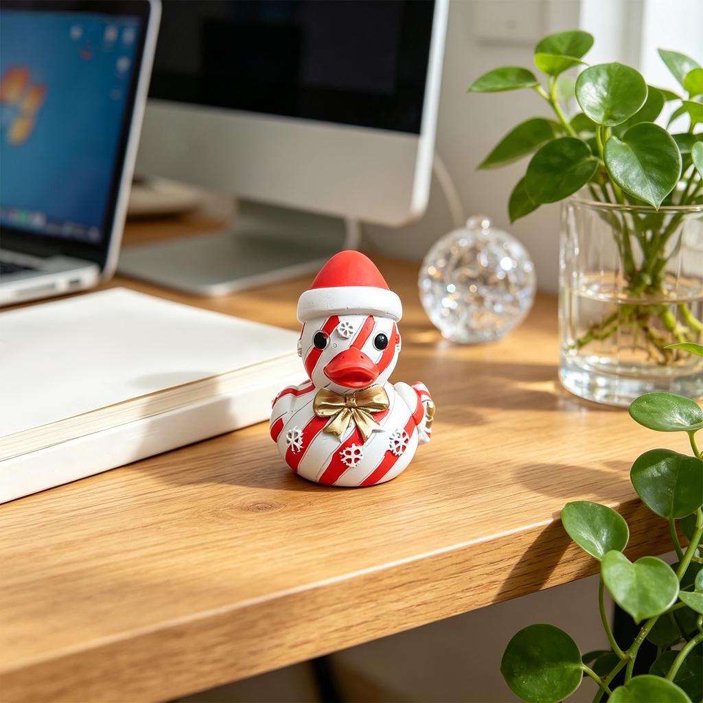 Resin Candy Stripe Duck Figurine Holiday Tabletop Decoration with Bow and Snowflake Details Festive Seasonal Ornament for Home and Office Display