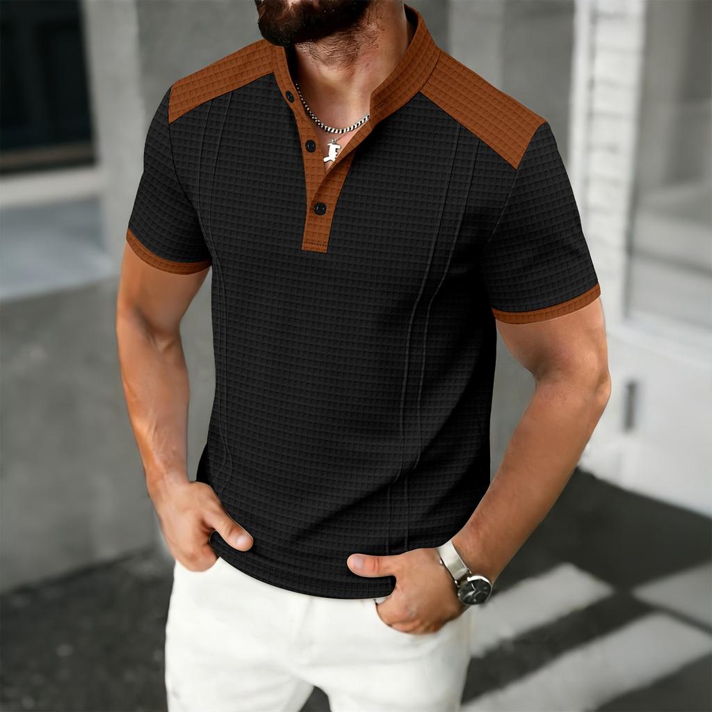Men's Color Blocked Stand Up Collar Single Breasted Shirt Men's Casual And Comfortable Short Sleeved Shirt