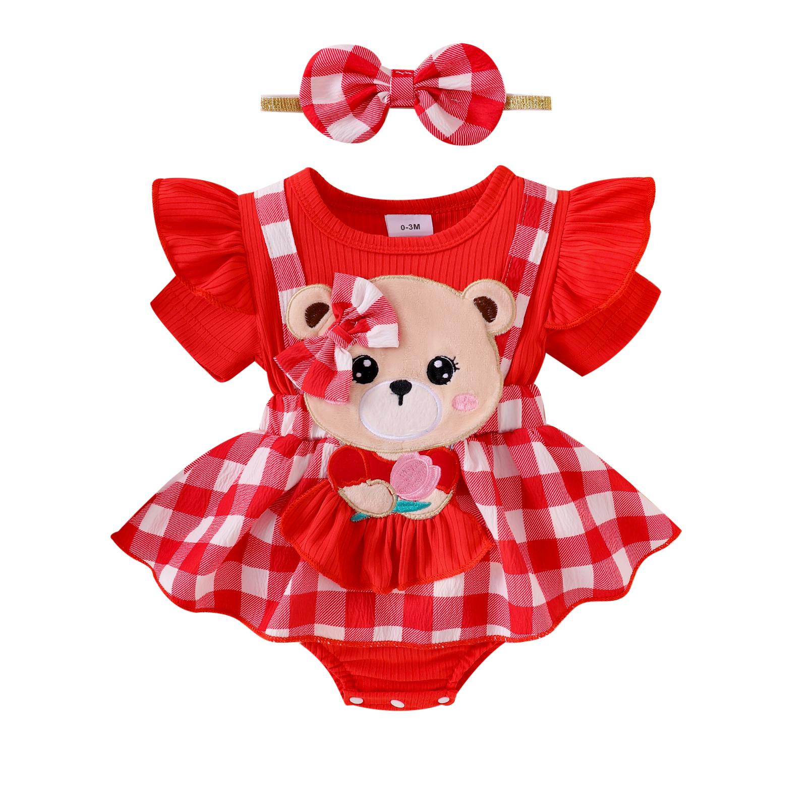 

Платье-комбинезон в клетку для девочки с нашивкой в виде медведя, из двух частей, с короткими рукавами и оборками, с бантом на голове, летний наряд из 2 предметов 12-18 Months красный