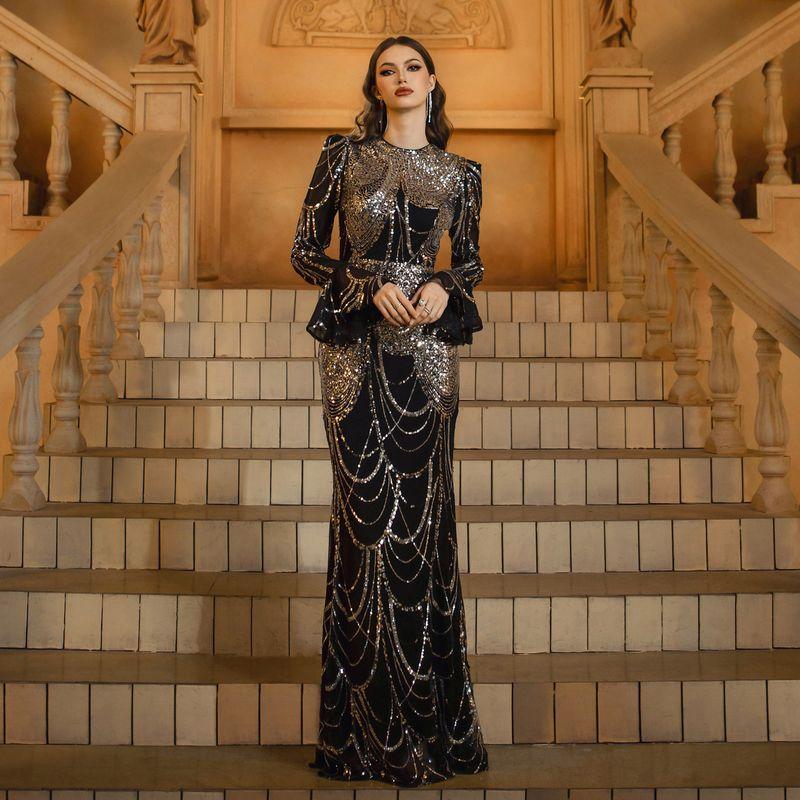 New European and American Style Long-Sleeve Round-Neck Slim-Fit Sequin Mermaid Evening Dress