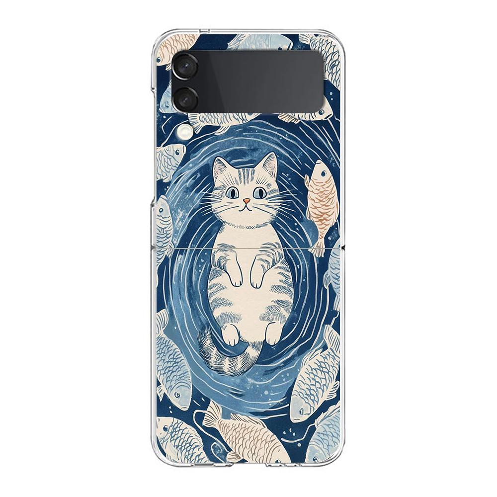 Transparent Phone Case For Samsung Galaxy Z Flip 3 4 5 6 7 Hard Folding PC Z Flip3 Flip4 Cover Protector Cat Fishing