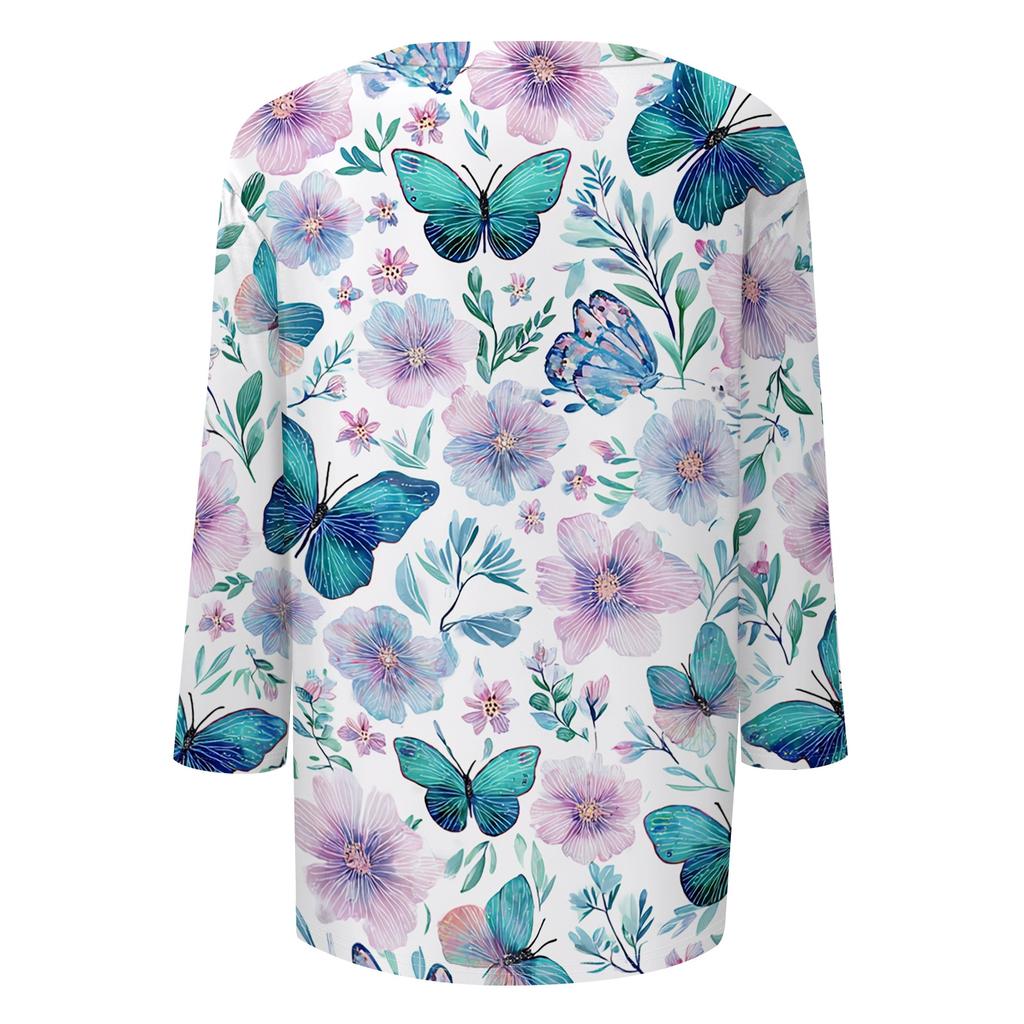 Women’s Crew Neck 3/4 Sleeve Casual Top with Floral Print Lightweight Pullover Loose Fit Blouse for Everyday Wear