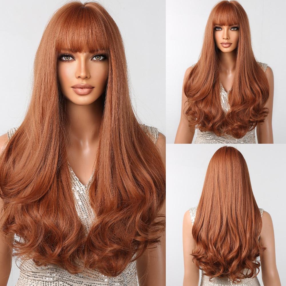 ALAN EATON Cooper Red Long Natural Wavy Synthetic Wig Loose Curly Auburn Wigs with Bangs for Women High Temperature Daily Hair