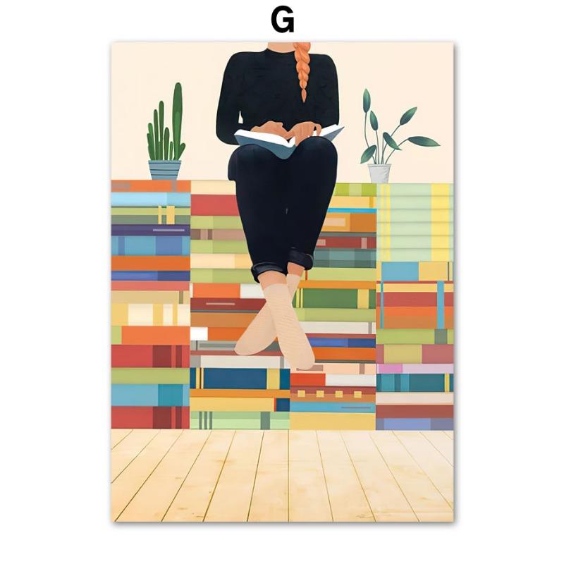 Girl Book Cat Leaf Illustration Wall Art Canvas Painting Abstract Posters & Prints Hotel Bar Wall Pictures For Living Room Decor