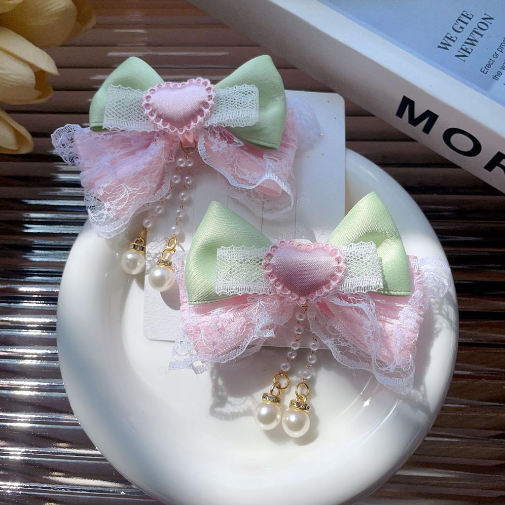 2PCS fabric girl bow handmade hair clip cute double ponytail children's pair clip edge clip dopamine headband